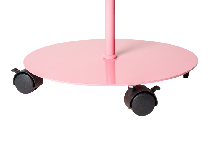 Halo Focus light: Halo Focus light base, pink, round rolling base with casters; transparent cutout (detail only, not a complete product lock)