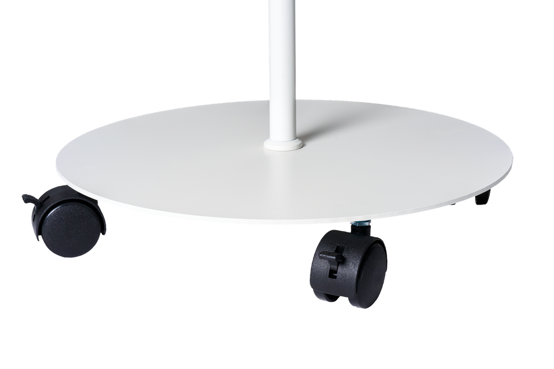 Halo Focus light: Halo Focus light base, white, round rolling base with casters; transparent cutout (detail only, not a complete product lock)