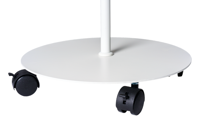 Halo Focus light: Halo Focus light base, white, round rolling base with casters; transparent cutout (detail only, not a complete product lock)