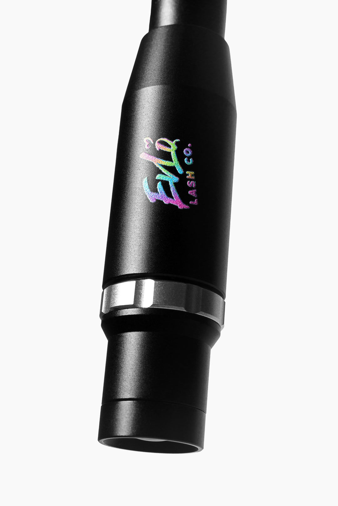 Halo Focus light: Halo Focus light head, black, close-up: short cylinder, knurled silver ring, printed EvLo logo