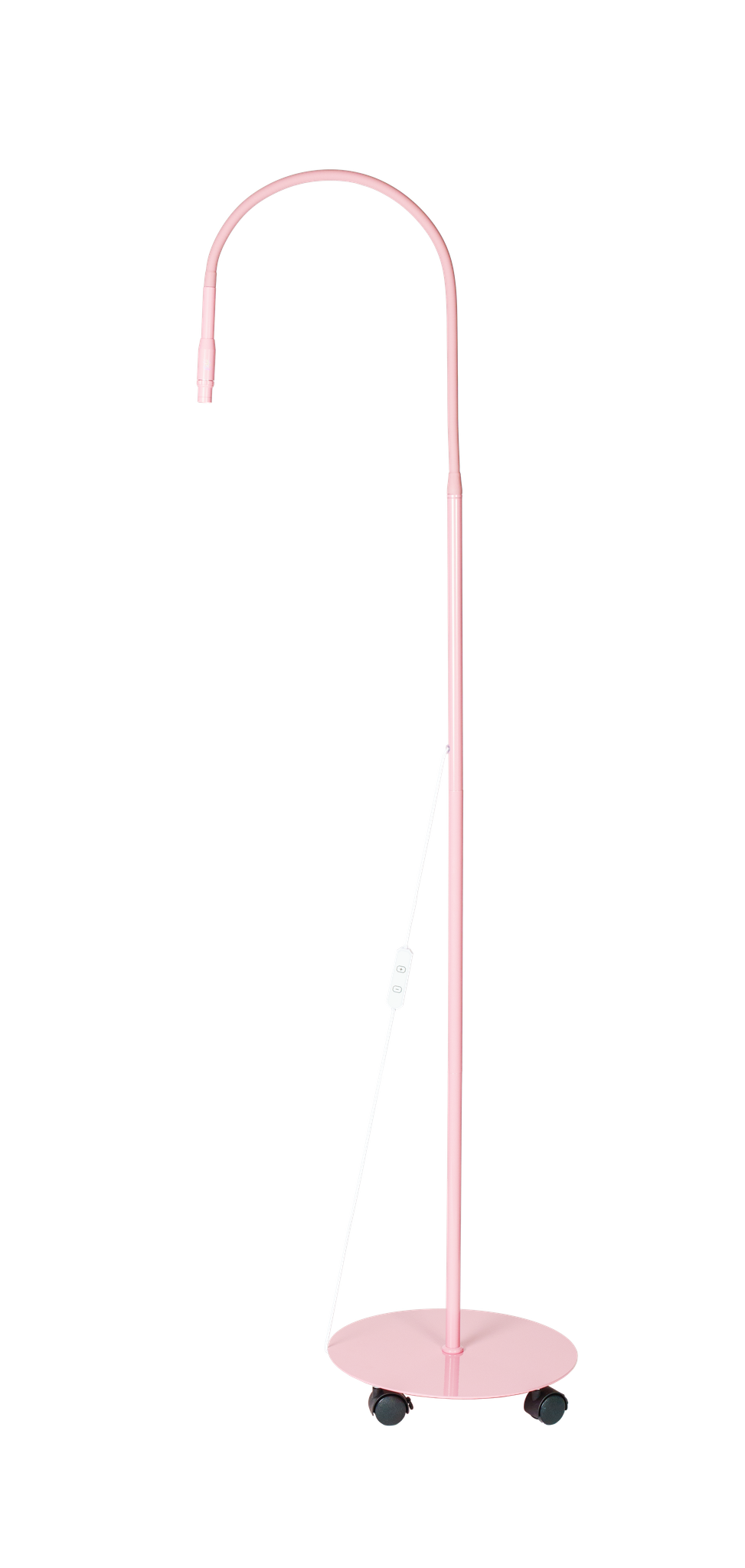 Halo Focus light: Halo Focus light, pink, full height: transparent cutout (lock-ready), floor-standing gooseneck, inline switch, round rolling base with casters