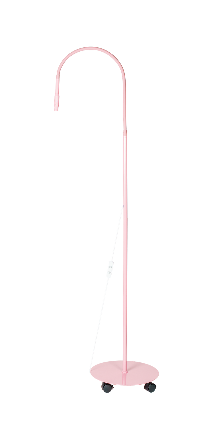 Halo Focus light: Halo Focus light, pink, full height: transparent cutout (lock-ready), floor-standing gooseneck, inline switch, round rolling base with casters